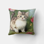 ヴィンテージ猫イラストレーションと赤い花 クッション (裏面)