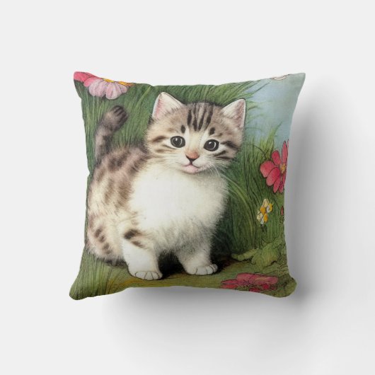 ヴィンテージ猫イラストレーションと赤い花 クッション (裏面)