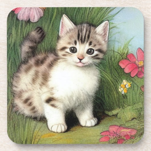 ヴィンテージ猫イラストレーションと赤い花 コースター (正面)