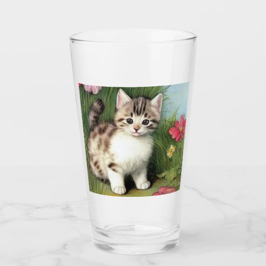 ヴィンテージ猫イラストレーションと赤い花 タンブラーグラス (正面)
