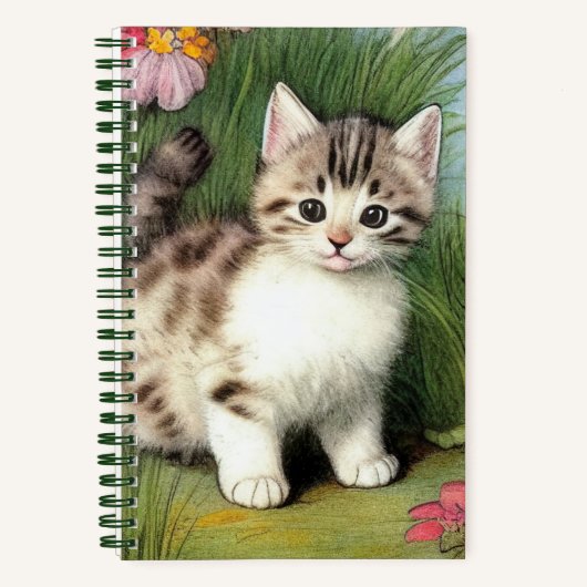 ヴィンテージ猫イラストレーションと赤い花 ノートブック (正面)