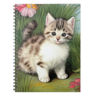 ヴィンテージ猫イラストレーションと赤い花 ノートブック