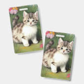 ヴィンテージ猫イラストレーションと赤い花 バッジ (正面＆裏面)