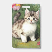 ヴィンテージ猫イラストレーションと赤い花 バッジ (裏面)