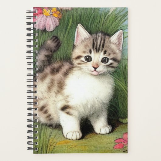 ヴィンテージ猫イラストレーションと赤い花 プランナー手帳 (正面)