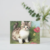 ヴィンテージ猫イラストレーションと赤い花 ポストカード (スタンド正面)