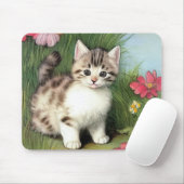ヴィンテージ猫イラストレーションと赤い花 マウスパッド (マウス)