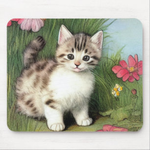 ヴィンテージ猫イラストレーションと赤い花 マウスパッド