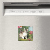 ヴィンテージ猫イラストレーションと赤い花 マグネット (インサイチュ (食洗機))