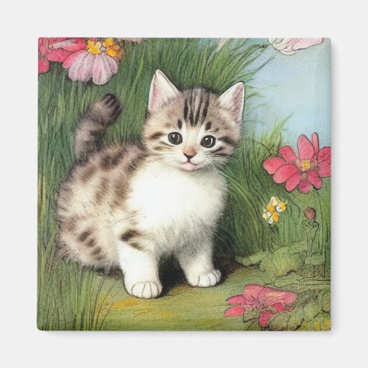 ヴィンテージ猫イラストレーションと赤い花 マグネット (正面)