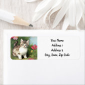 ヴィンテージ猫イラストレーションと赤い花 ラベル (インサイチュ)