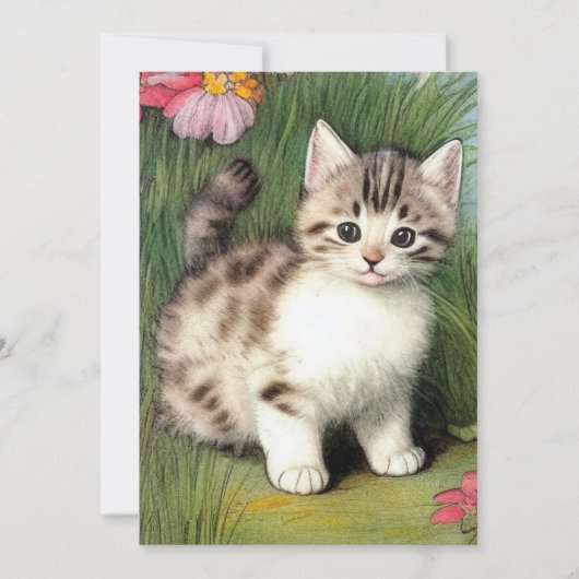 ヴィンテージ猫イラストレーションと赤い花 招待状 (正面)