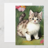 ヴィンテージ猫イラストレーションと赤い花 招待状 (正面/裏面)