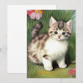 ヴィンテージ猫イラストレーションと赤い花 案内状 (正面/裏面)