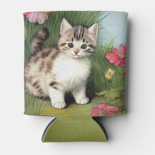 ヴィンテージ猫イラストレーションと赤い花 缶クーラー (正面)