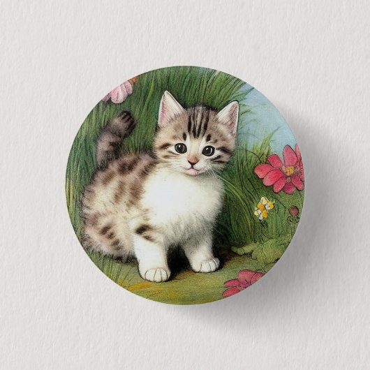 ヴィンテージ猫イラストレーションと赤い花 缶バッジ (正面)