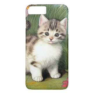 ヴィンテージ猫イラストレーションと赤い花 iPhone 8 PLUS/7 PLUSケース