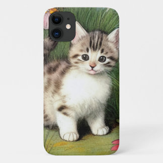 ヴィンテージ猫イラストレーションと赤い花 iPhone 11 ケース