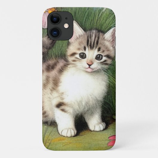 ヴィンテージ猫イラストレーションと赤い花 Case-Mate iPhoneケース (裏面)