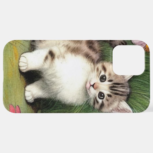 ヴィンテージ猫イラストレーションと赤い花 iPhoneケース (裏面横)