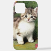 ヴィンテージ猫イラストレーションと赤い花 iPhoneケース (裏面)