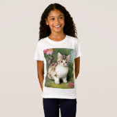 ヴィンテージ猫イラストレーションと赤い花 Tシャツ (正面フル)