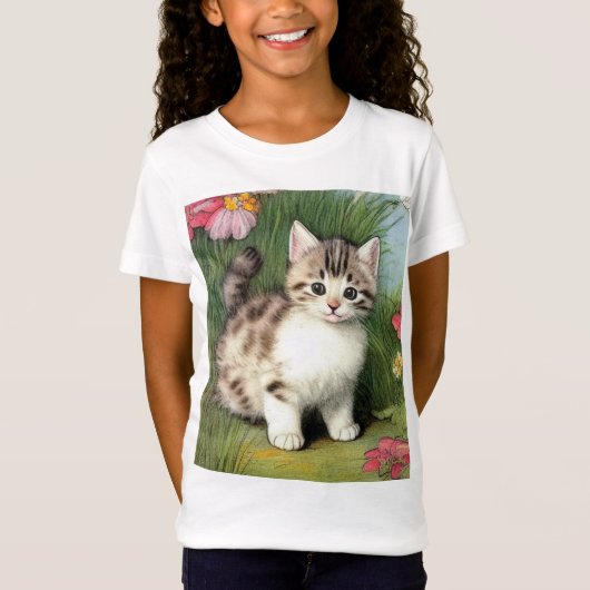 ヴィンテージ猫イラストレーションと赤い花 Tシャツ (正面)