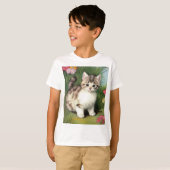 ヴィンテージ猫イラストレーションと赤い花 Tシャツ (正面フル)