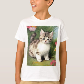 ヴィンテージ猫イラストレーションと赤い花 Tシャツ