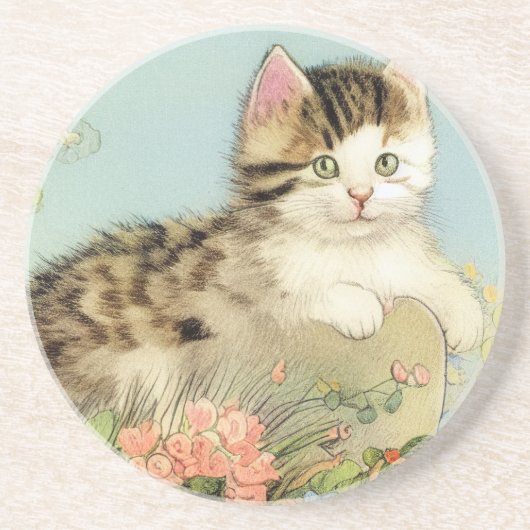 ヴィンテージ猫イラストレーションピンク色の花 コースター (正面)