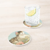 ヴィンテージ猫イラストレーションピンク色の花 コースター (側面)