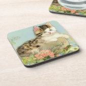 ヴィンテージ猫イラストレーションピンク色の花 コースター (左側)