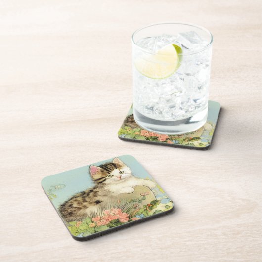 ヴィンテージ猫イラストレーションピンク色の花 コースター (右側)