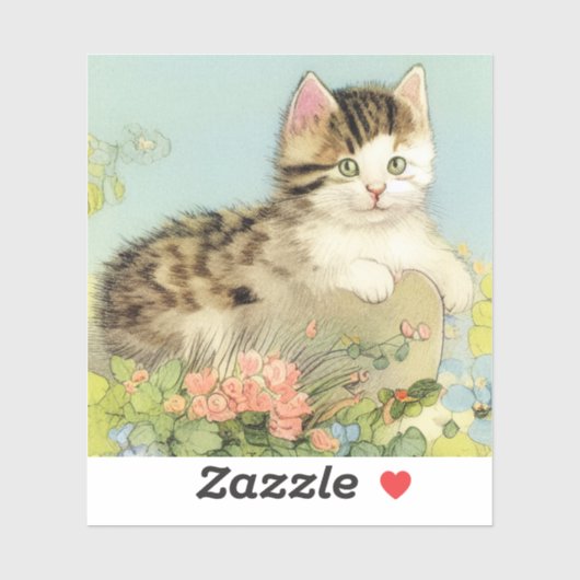 ヴィンテージ猫イラストレーションピンク色の花 シール (シート)
