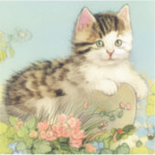 ヴィンテージ猫イラストレーションピンク色の花 シール (正面)