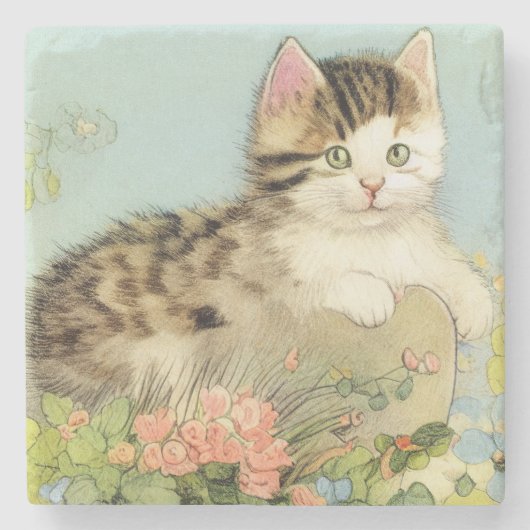 ヴィンテージ猫イラストレーションピンク色の花 ストーンコースター (正面)