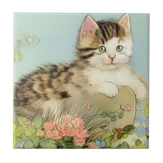 ヴィンテージ猫イラストレーションピンク色の花 タイル (正面)