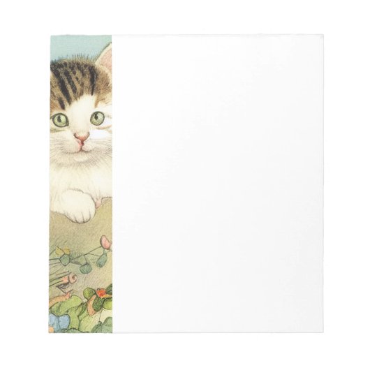 ヴィンテージ猫イラストレーションピンク色の花 ノートパッド (正面)