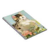 ヴィンテージ猫イラストレーションピンク色の花 ノートブック (右側)
