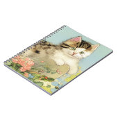 ヴィンテージ猫イラストレーションピンク色の花 ノートブック (左側)