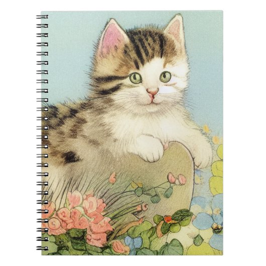 ヴィンテージ猫イラストレーションピンク色の花 ノートブック (正面)