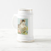 ヴィンテージ猫イラストレーションピンク色の花 ビールジョッキ (正面左)
