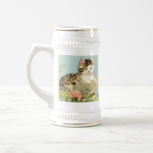 ヴィンテージ猫イラストレーションピンク色の花 ビールジョッキ