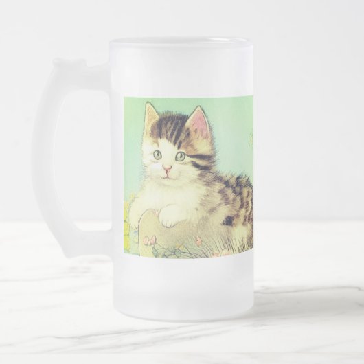 ヴィンテージ猫イラストレーションピンク色の花 フロストグラスビールジョッキ (左)