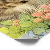 ヴィンテージ猫イラストレーションピンク色の花 ポスター (角)