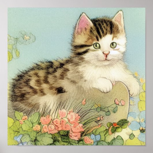 ヴィンテージ猫イラストレーションピンク色の花 ポスター (正面)