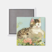 ヴィンテージ猫イラストレーションピンク色の花 マグネット (正面/裏面)