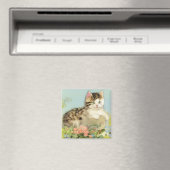 ヴィンテージ猫イラストレーションピンク色の花 マグネット (インサイチュ (食洗機))