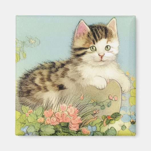 ヴィンテージ猫イラストレーションピンク色の花 マグネット (正面)