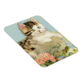 ヴィンテージ猫イラストレーションピンク色の花 マグネット (右側)